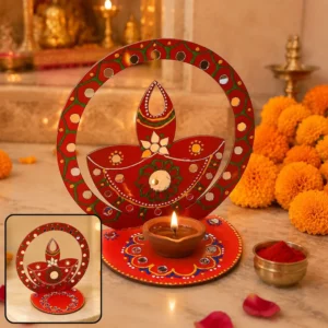 Enhance your festive décor with this exquisite wooden decorative diya stand, handcrafted to perfection. This stand is meticulously crafted from premium-quality wood, showcasing elegant hand-painted artwork that brings traditional charm to your celebrations. Whether for Diwali, Navratri, or daily puja rituals, this festive tea light holder adds a warm, cultural glow to your home, creating an inviting ambiance for all occasions.
