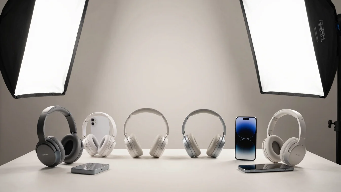Commercial product photography of neatly arranged consumer electr