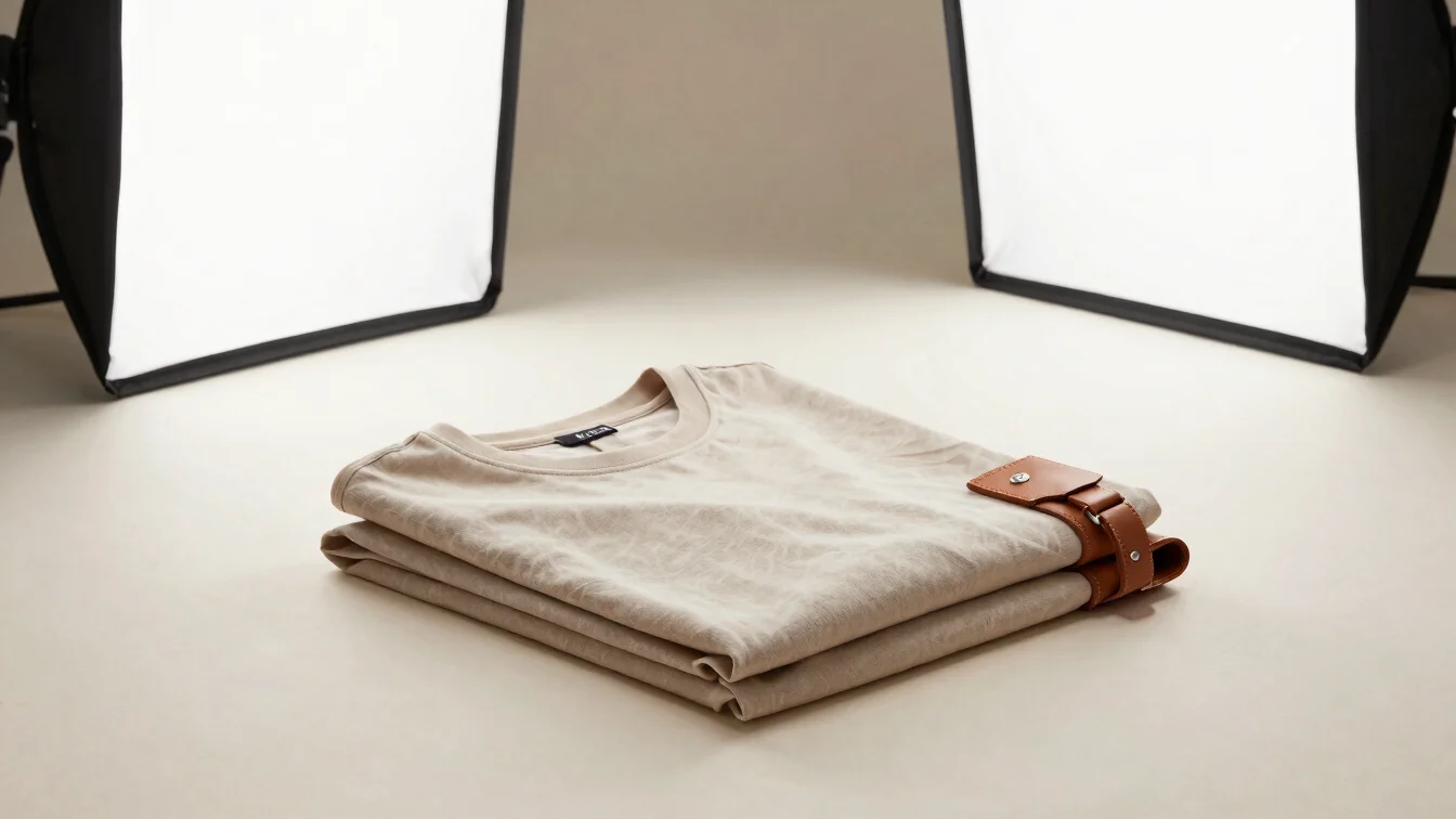 Commercial product photography of folded apparel and a leather ac