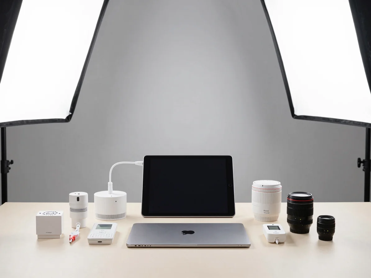 Commercial product photography of a set of electrical accessories