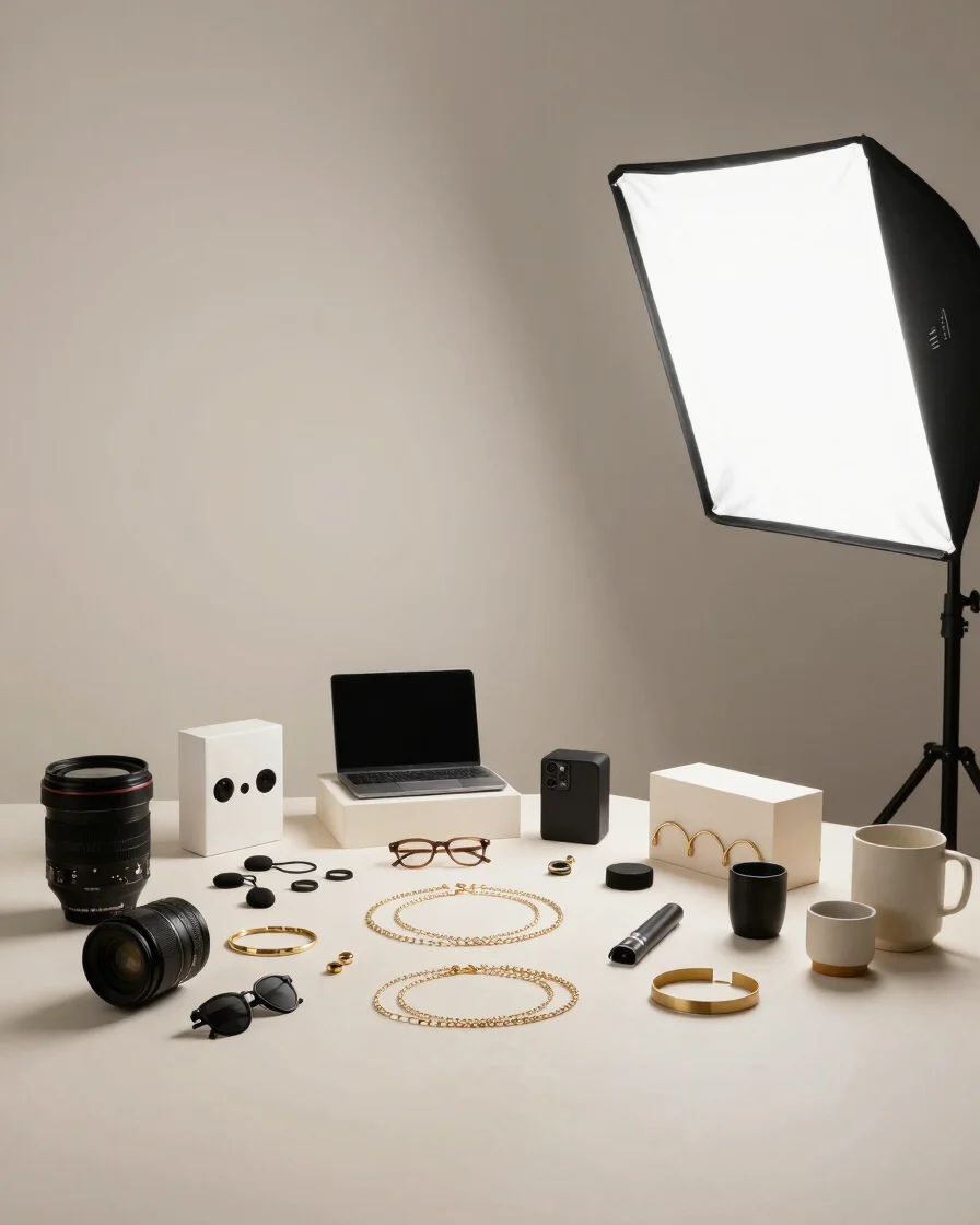 Wide commercial product photography of an arranged assortment of